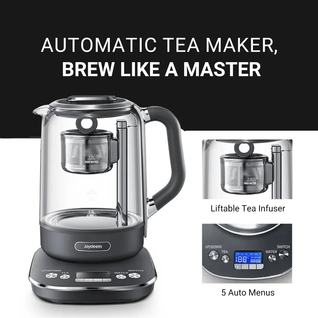 Joydeem Hot Tea Maker, Glass Electric Kettle with Auto Lift Tea Infuser and Temperature Control, 1.7L, JD-ZC6088G