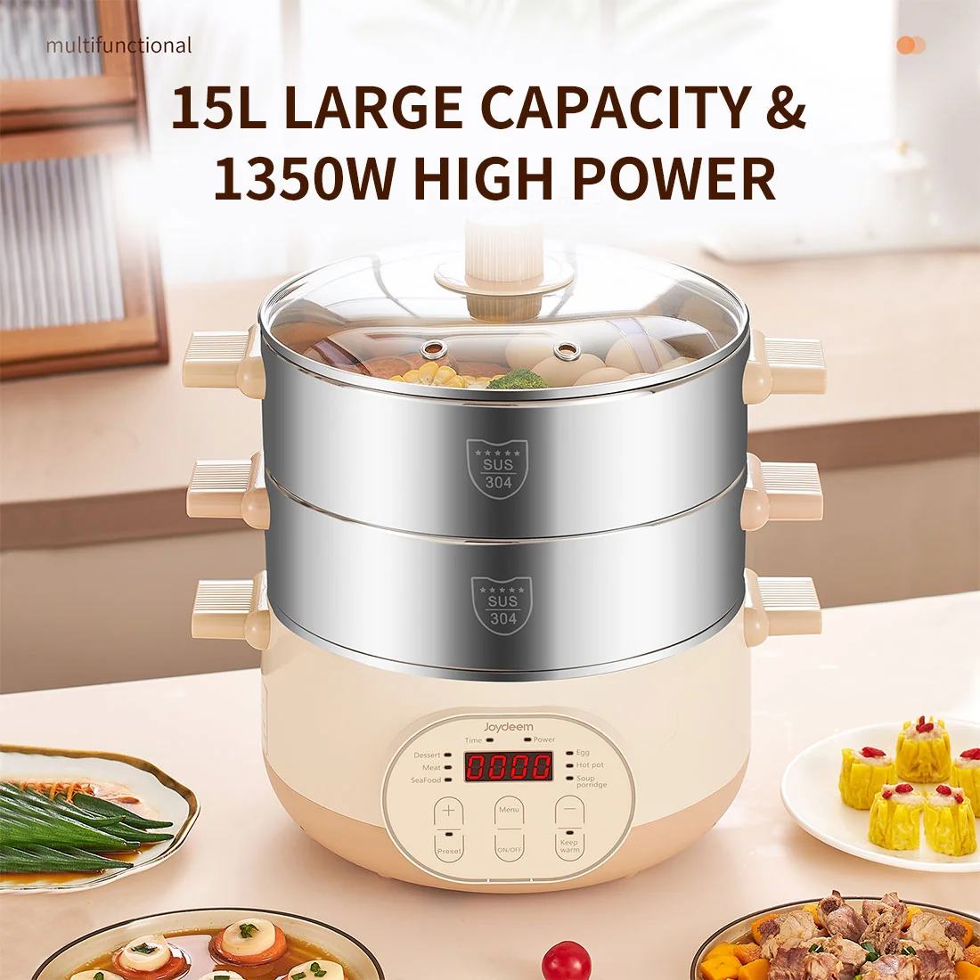 Joydeem JD-DZG15B Electric Food Steamer & Hot Pot Combo - 2-Tier Stainless Steel Tray, Auto Power-Off & Timing (16 Qt/15 Liters)