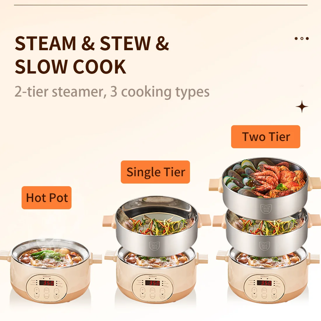 Joydeem JD-DZG15B Electric Food Steamer & Hot Pot Combo - 2-Tier Stainless Steel Tray, Auto Power-Off & Timing (16 Qt/15 Liters)