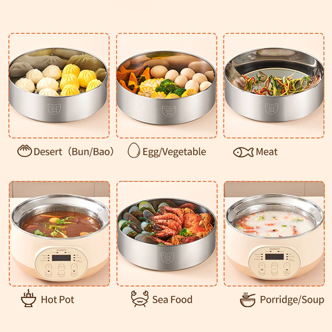 Joydeem JD-DZG15B Electric Food Steamer & Hot Pot Combo - 2-Tier Stainless Steel Tray, Auto Power-Off & Timing (16 Qt/15 Liters)
