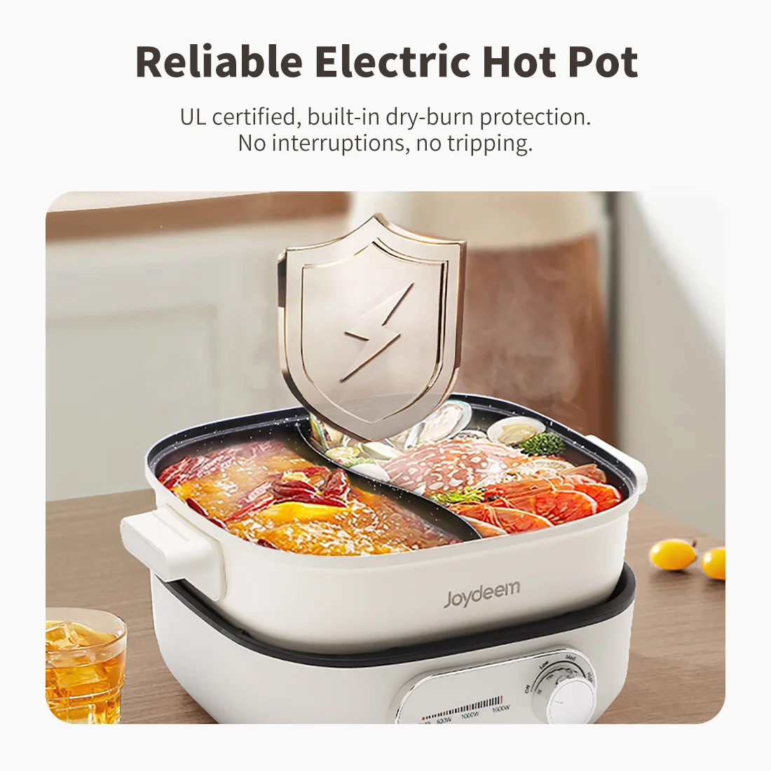Joydeem DHG-B600 Non-Stick Electric Hot Pot with Divider Double-Flavor Shabu Shabu Pot (6.3 Qt/6 Liters)