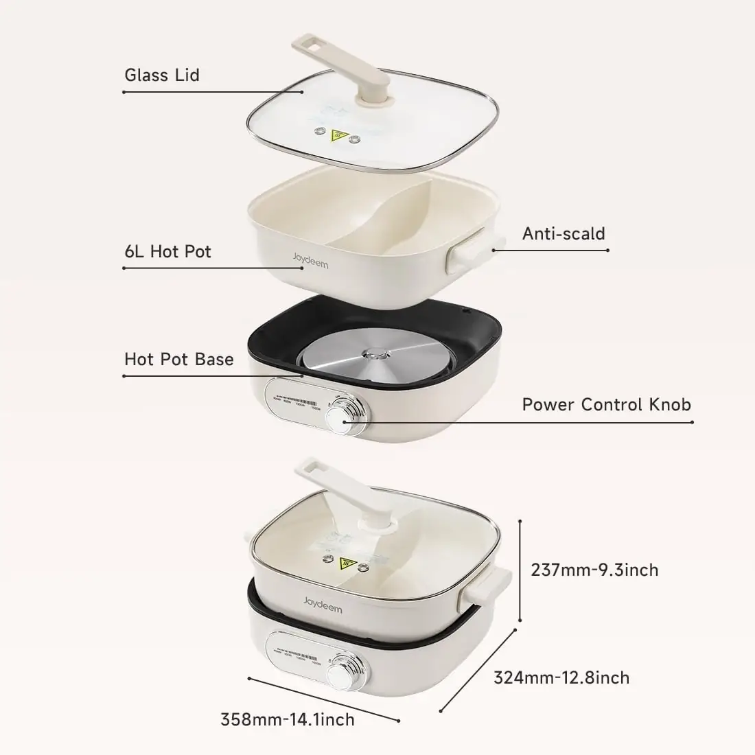 Joydeem DHG-B600 Non-Stick Electric Hot Pot with Divider Double-Flavor Shabu Shabu Pot (6.3 Qt/6 Liters)