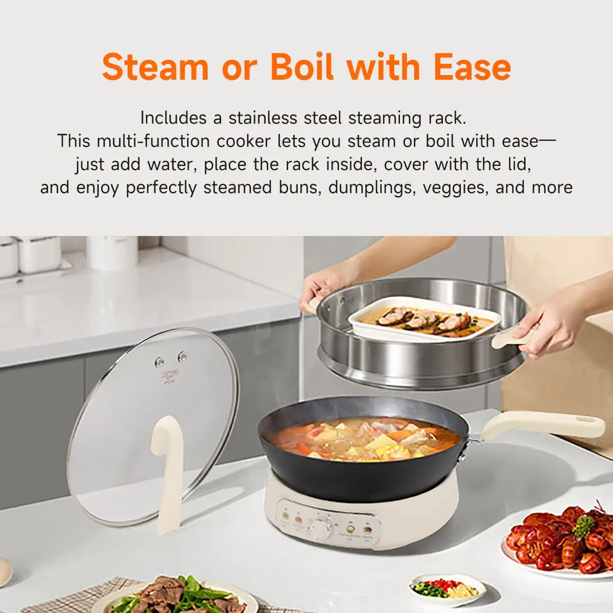 Joydeem DCG-B470 Electric Skillet Pure Iron Nonstick Frying Pan with Steamer Rack (11.8 Inch)