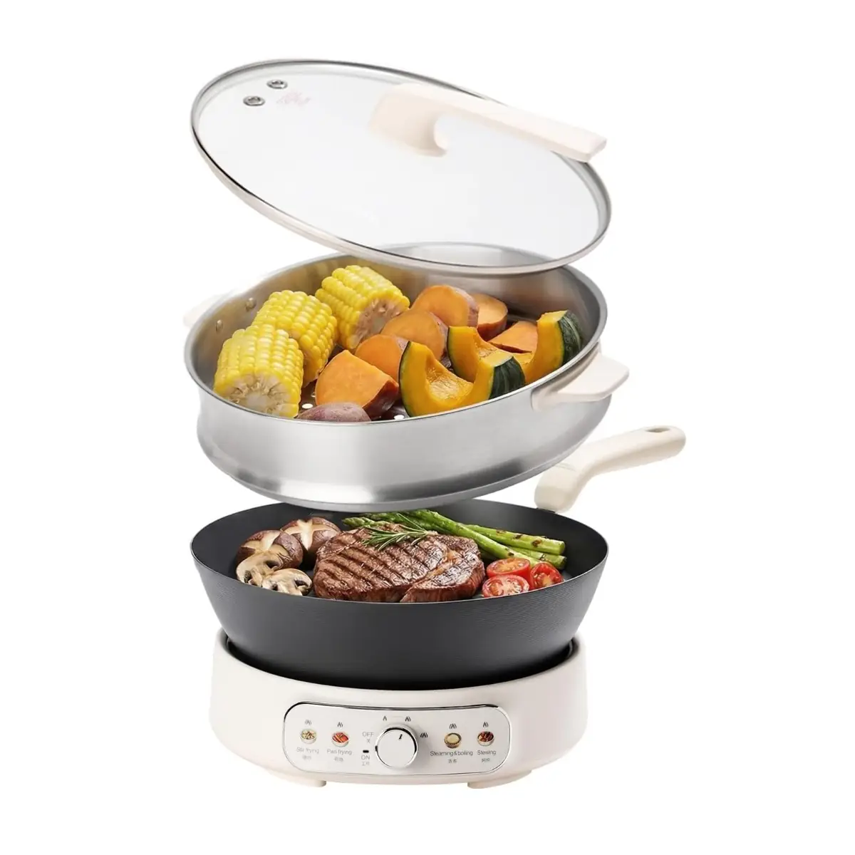 Joydeem DCG-B470 Electric Skillet Pure Iron Nonstick Frying Pan with Steamer Rack (11.8 Inch)