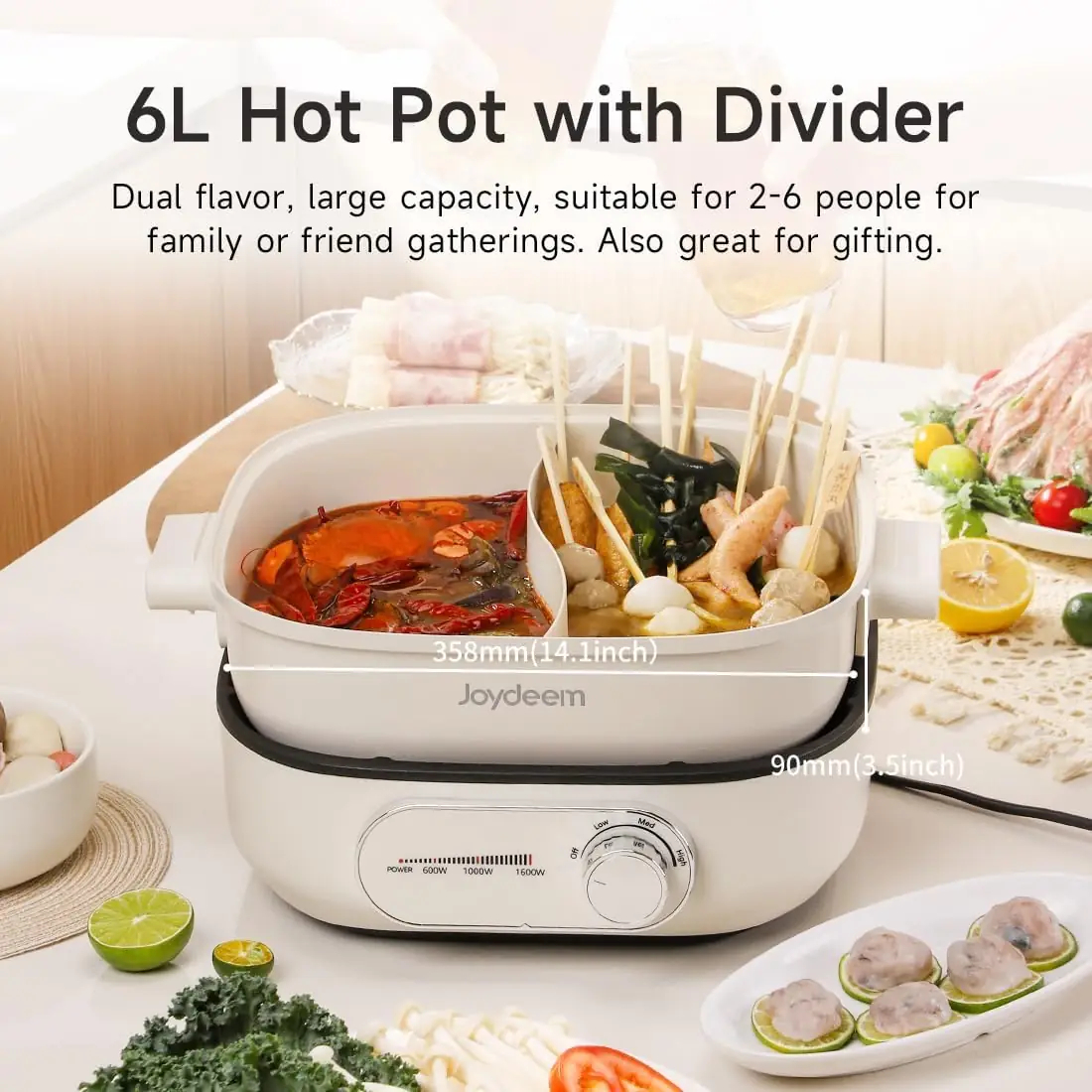 Joydeem DHG-B600 Non-Stick Electric Hot Pot with Divider Double-Flavor Shabu Shabu Pot (6.3 Qt/6 Liters)