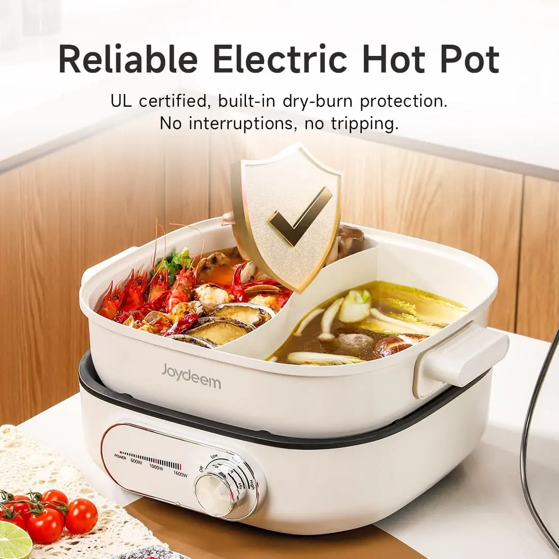 Joydeem DHG-B600 Non-Stick Electric Hot Pot with Divider Double-Flavor Shabu Shabu Pot (6.3 Qt/6 Liters)