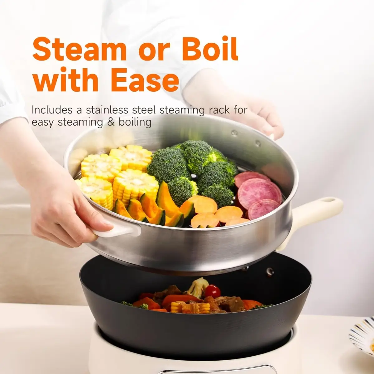Joydeem DCG-B470 Electric Skillet Pure Iron Nonstick Frying Pan with Steamer Rack (11.8 Inch)