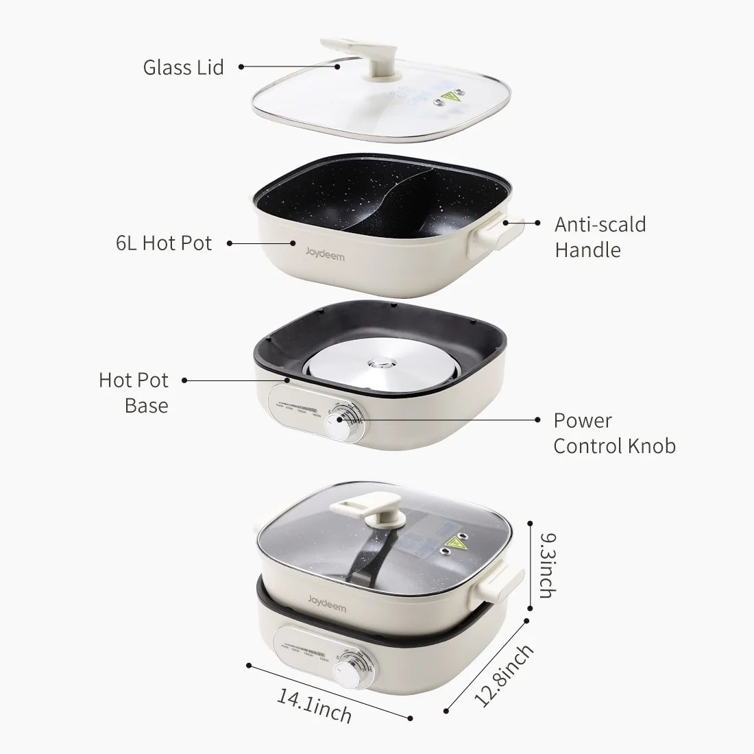 Joydeem DHG-B600 Non-Stick Electric Hot Pot with Divider Double-Flavor Shabu Shabu Pot (6.3 Qt/6 Liters)