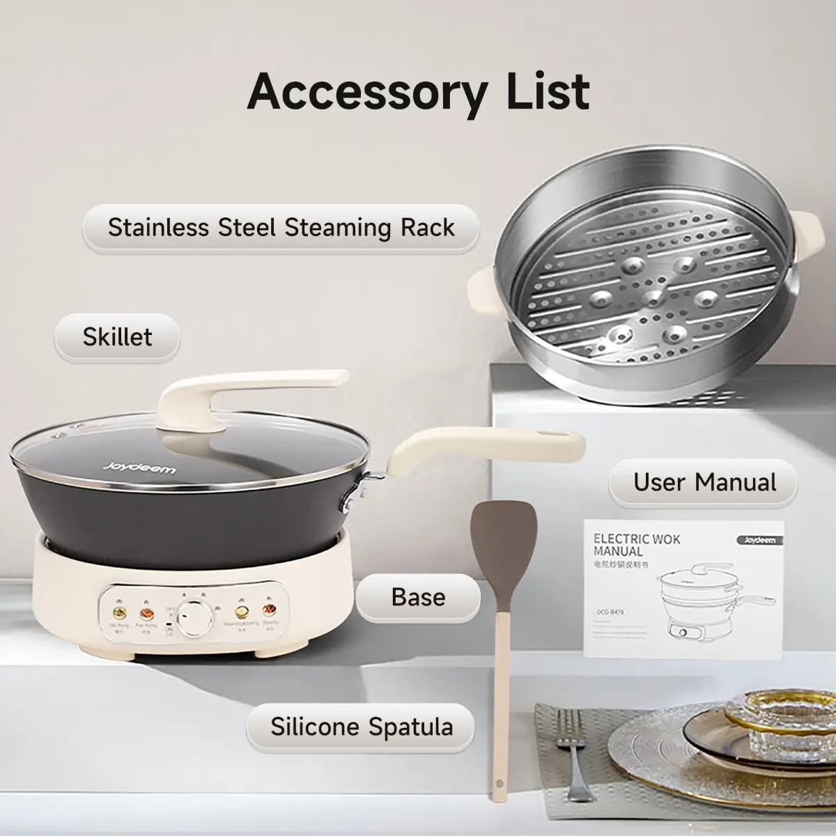 Joydeem DCG-B470 Electric Skillet Pure Iron Nonstick Frying Pan with Steamer Rack (11.8 Inch)