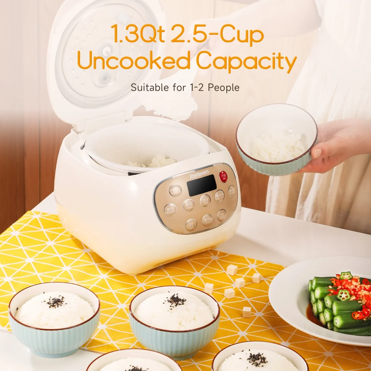 Joydeem DFB-C120 Mini Rice Cooker Uncoated Non-stick Ceramic Inner Pot - 2.5 Cup Uncooked (1.3 Qt/1.2 Liters)