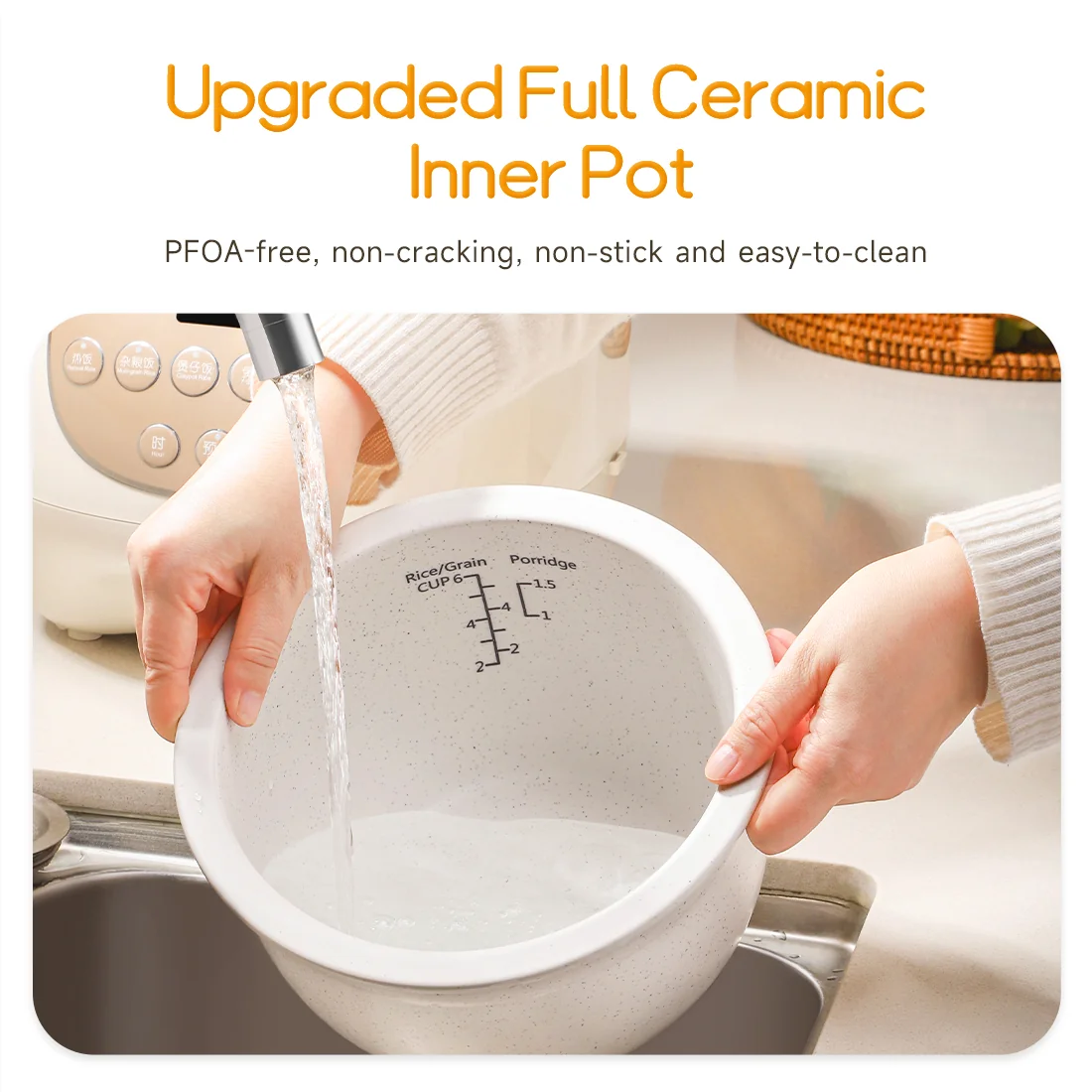 Joydeem DFB-C300 Rice Cooker Uncoated Non-stick Ceramic Inner Pot - 6 Cup Uncooked (3.2 Qt/3 Liters)