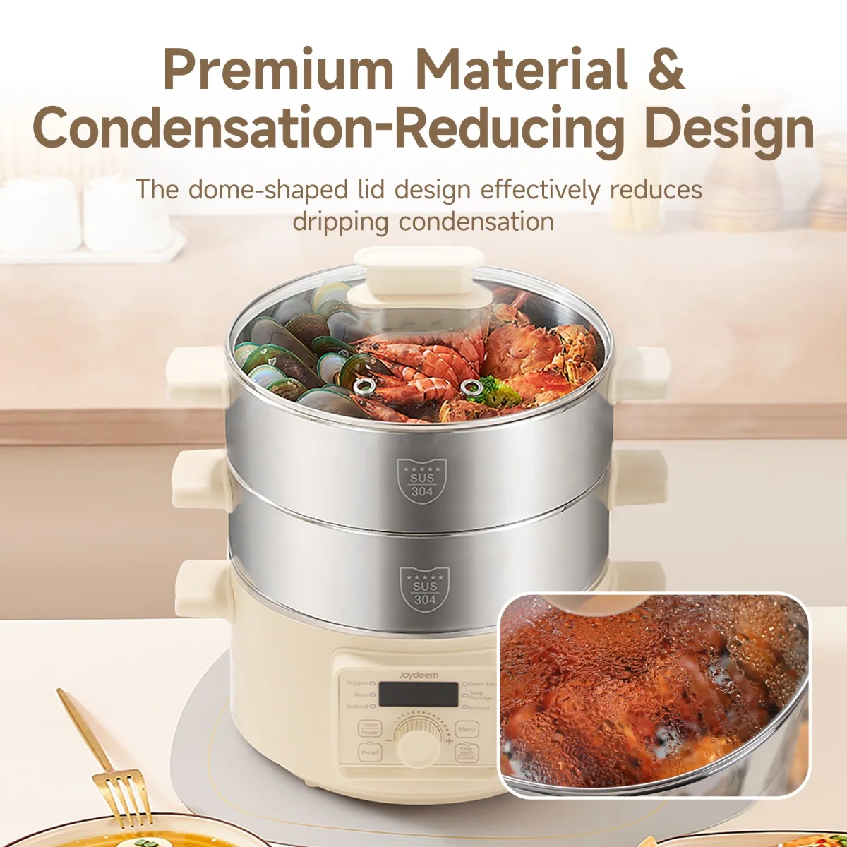 Joydeem DZG-A100 Electric Food Steamer & Hot Pot Combo - 2-Tier Stainless Steel Tray (13.7 Qt/13 Liters)