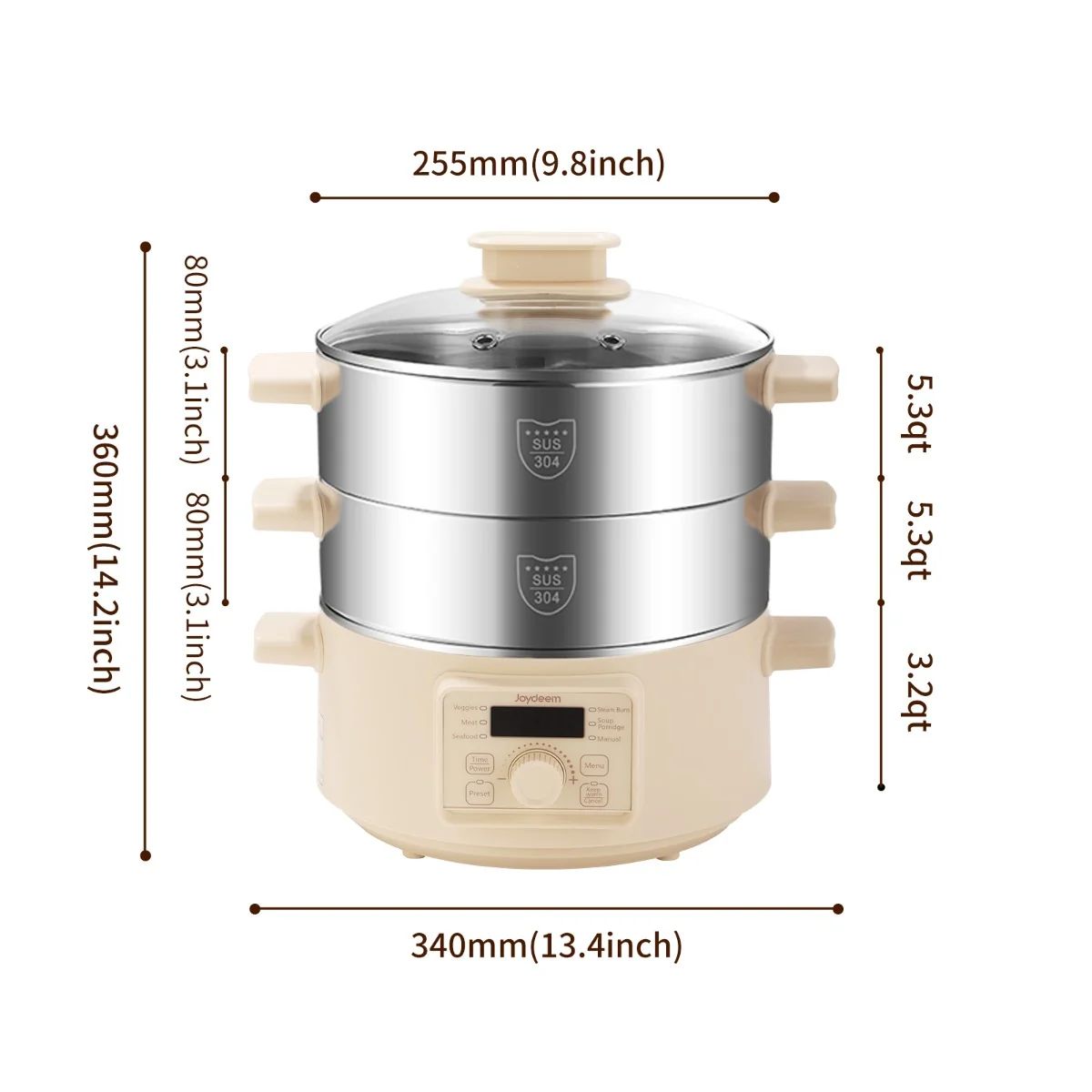 Joydeem DZG-A100 Electric Food Steamer & Hot Pot Combo - 2-Tier Stainless Steel Tray (13.7 Qt/13 Liters)