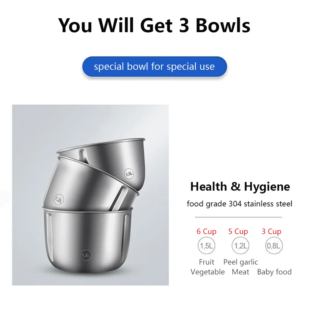 Joydeem JD-376B 300W Electric Food Processor Meat Grinder, Garlic Peeler & Food Chopper - 3 Stainless Steel Bowls (0.8/1.2/1.5 Liters)