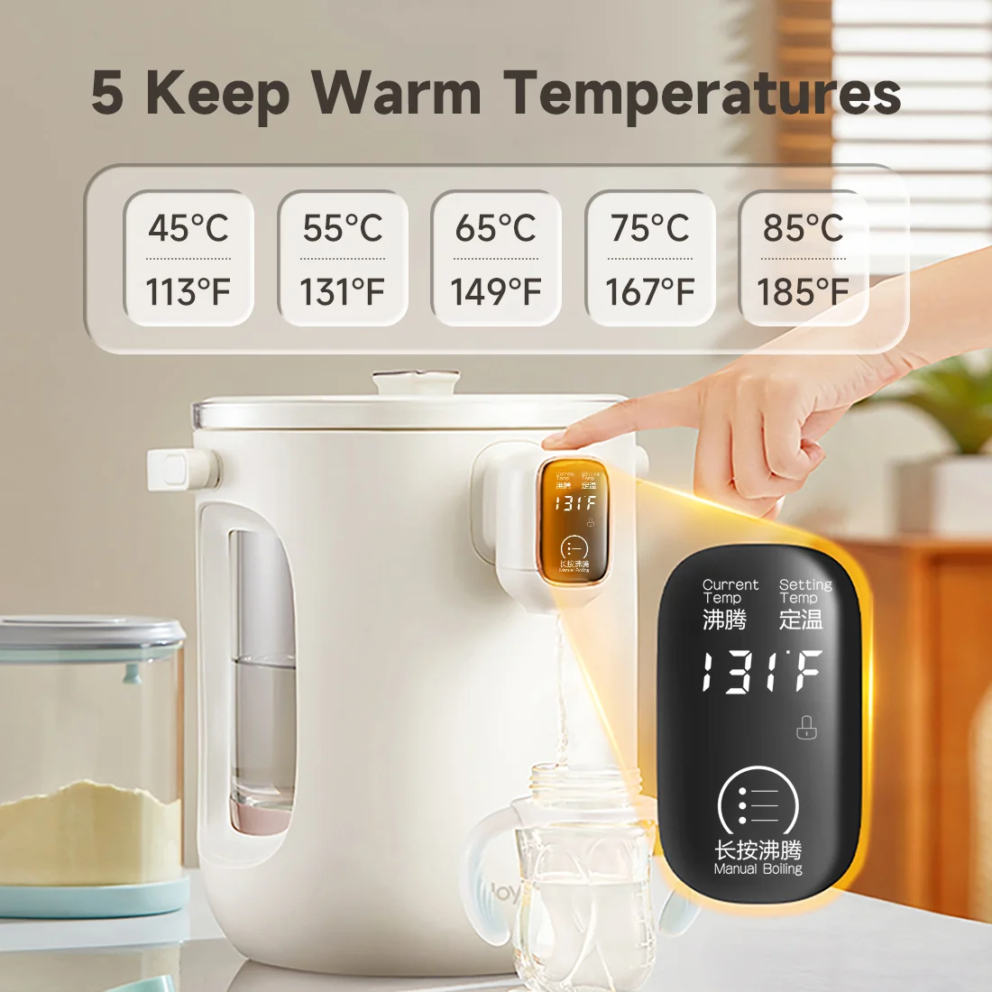 Joydeem JD-DSP203 1000W Compact Hot Water Dispenser Glass Tank Water Boiler with 5 Temperature Control (101 Oz/3 Liters）
