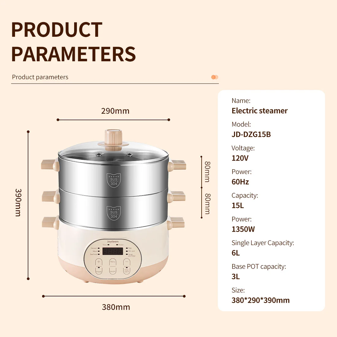 Joydeem JD-DZG15B Electric Food Steamer & Hot Pot Combo - 2-Tier Stainless Steel Tray, Auto Power-Off & Timing (16 Qt/15 Liters)