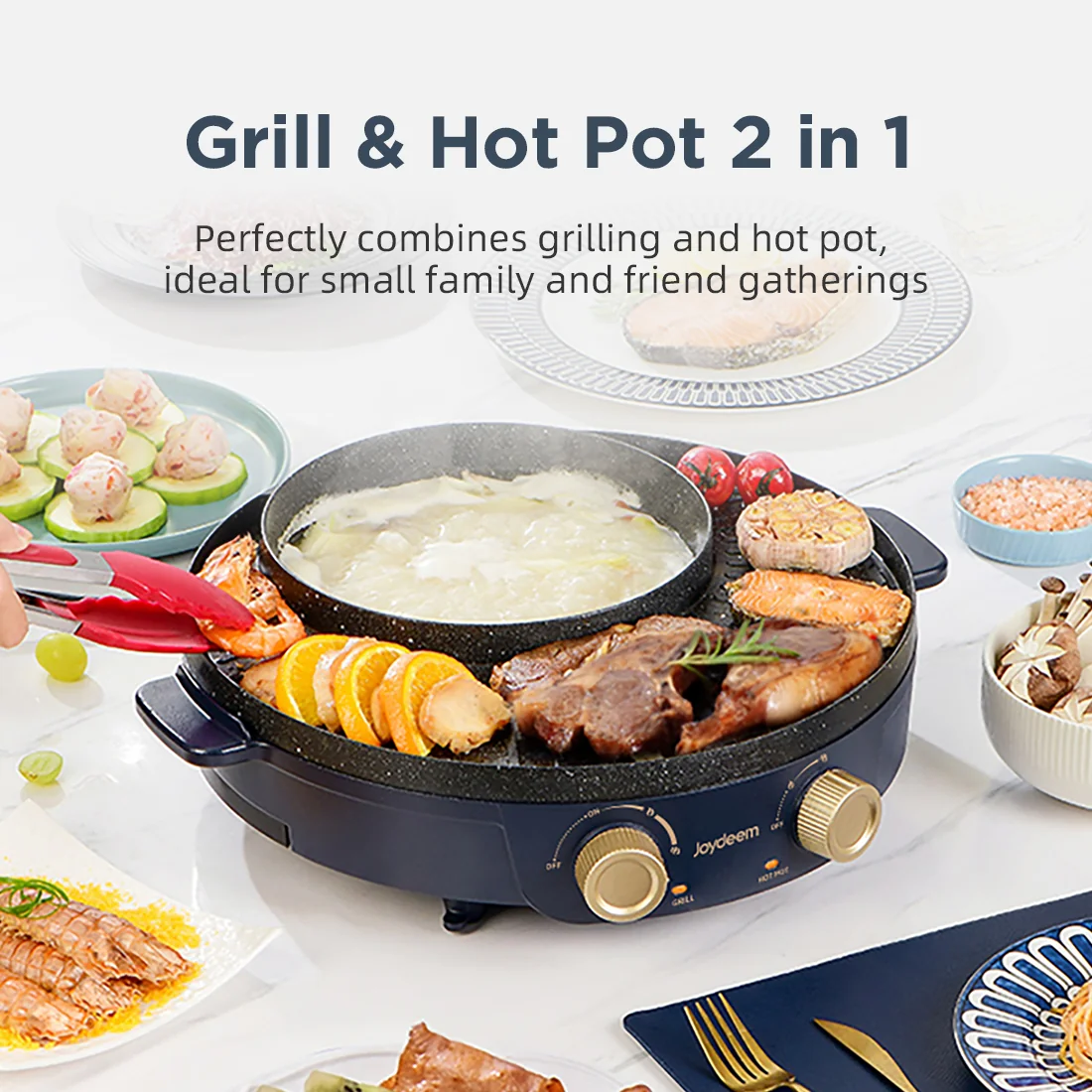 Joydeem JD-SK3407 2 in 1 Non-Stick Electric Grill & Hot Pot Combo (2.1 Qt/2 Liters)
