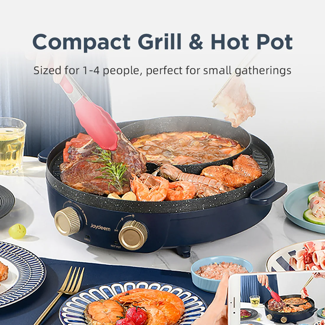 Joydeem JD-SK3407 2 in 1 Non-Stick Electric Grill & Hot Pot Combo (2.1 Qt/2 Liters)