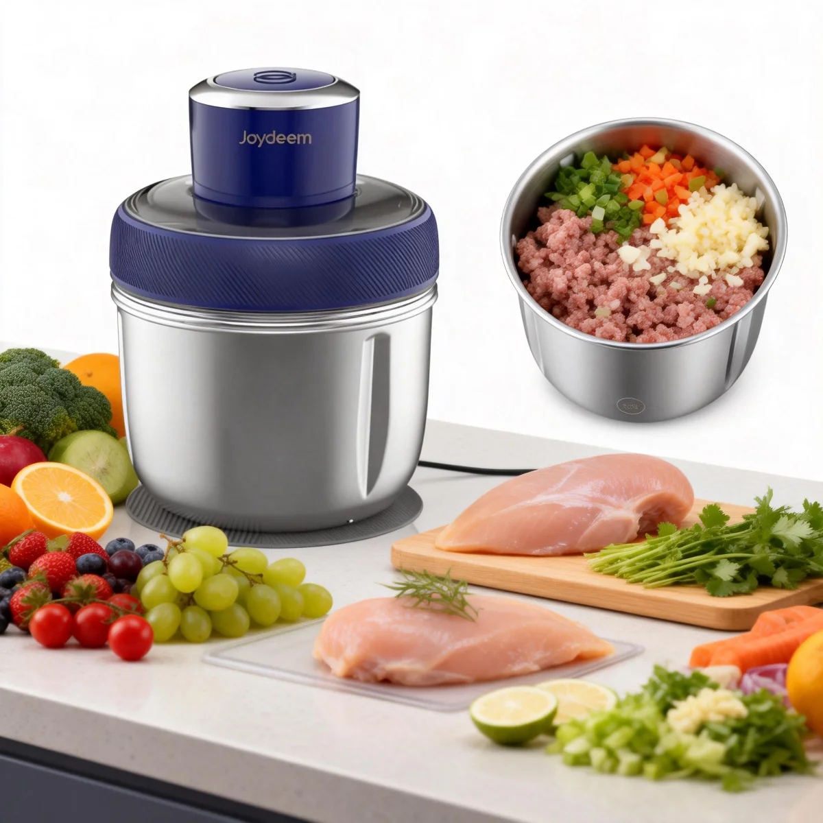 Joydeem JD-376B 300W Electric Food Processor Meat Grinder, Garlic Peeler & Food Chopper - 3 Stainless Steel Bowls (0.8/1.2/1.5 Liters)