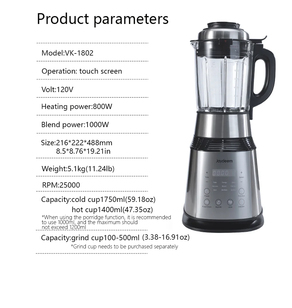 Joydeem VK-1802 1000W Countertop Cooking Blender with Vacuum Pump - 12H Preset & Keep Warm (59 oz/1750ml)