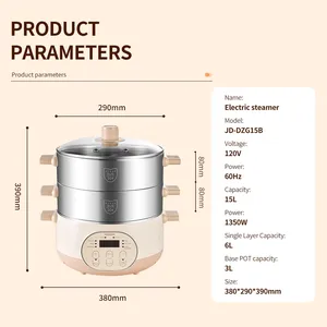 Joydeem JD-DZG15B Electric Food Steamer & Hot Pot Combo - 2-Tier Stainless Steel Tray, Auto Power-Off & Timing (16 Qt/15 Liters)