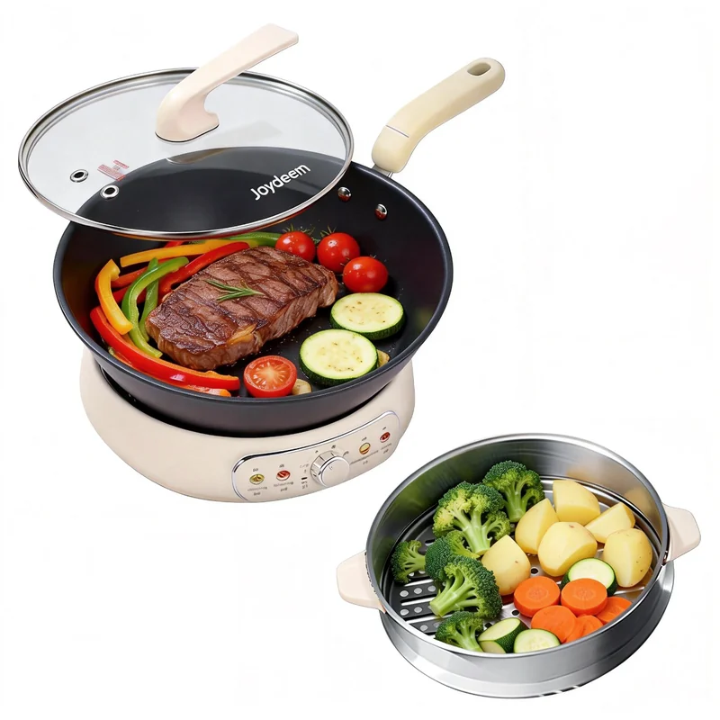 Joydeem DCG-B470 Electric Skillet Pure Iron Nonstick Frying Pan with Steamer Rack (11.8 Inch)