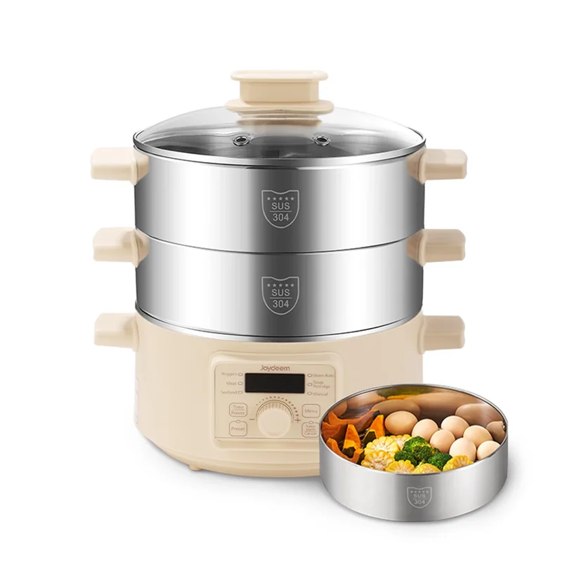 Joydeem DZG-A100 Electric Food Steamer & Hot Pot Combo - 2-Tier Stainless Steel Tray (13.7 Qt/13 Liters)